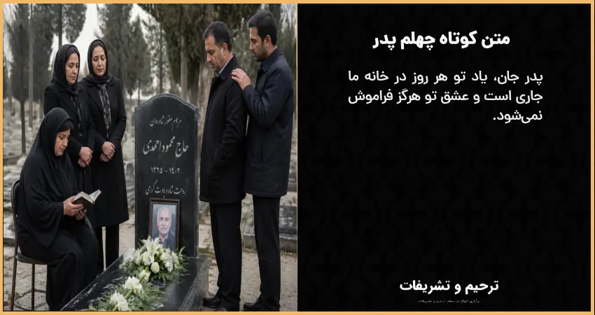 فرزندان بر سر مزار پدر با سنگ قبر و قرآن‌خوانی